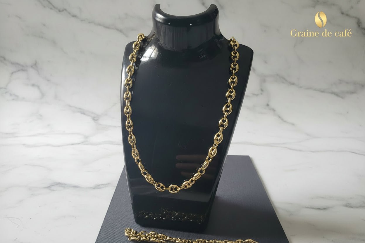 Collier Grain de Café 10mm – Chaîne Acier Inoxydable Doré Homme et Femme - Bijou Graine de Café - Colliergrainedecafe.fr