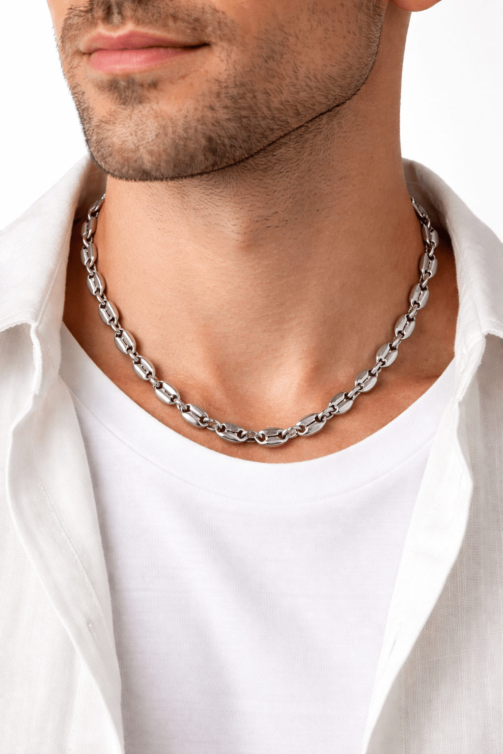 Collier Grain de Café 10mm – Chaîne Acier Inoxydable Argenté Homme et Femme - Bijou Graine de Café - Colliergrainedecafe.fr