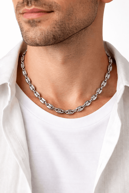 Collier Grain de Café 10mm – Chaîne Acier Inoxydable Argenté Homme et Femme - Bijou Graine de Café - Colliergrainedecafe.fr