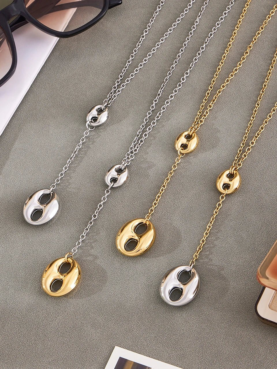Collier Y Acier Inoxydable 18K Plaqué Or Femme – Chaîne Lariat Pendentif - Bijou Graine de Café - Colliergrainedecafe.fr