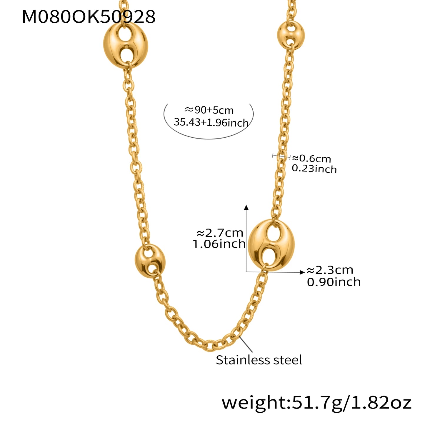 Collier Chaîne Épaisse 95cm Acier Inoxydable Plaqué Or Femme – Pendentif Ovale Hip - Hop - Bijou Graine de Café - Colliergrainedecafe.fr