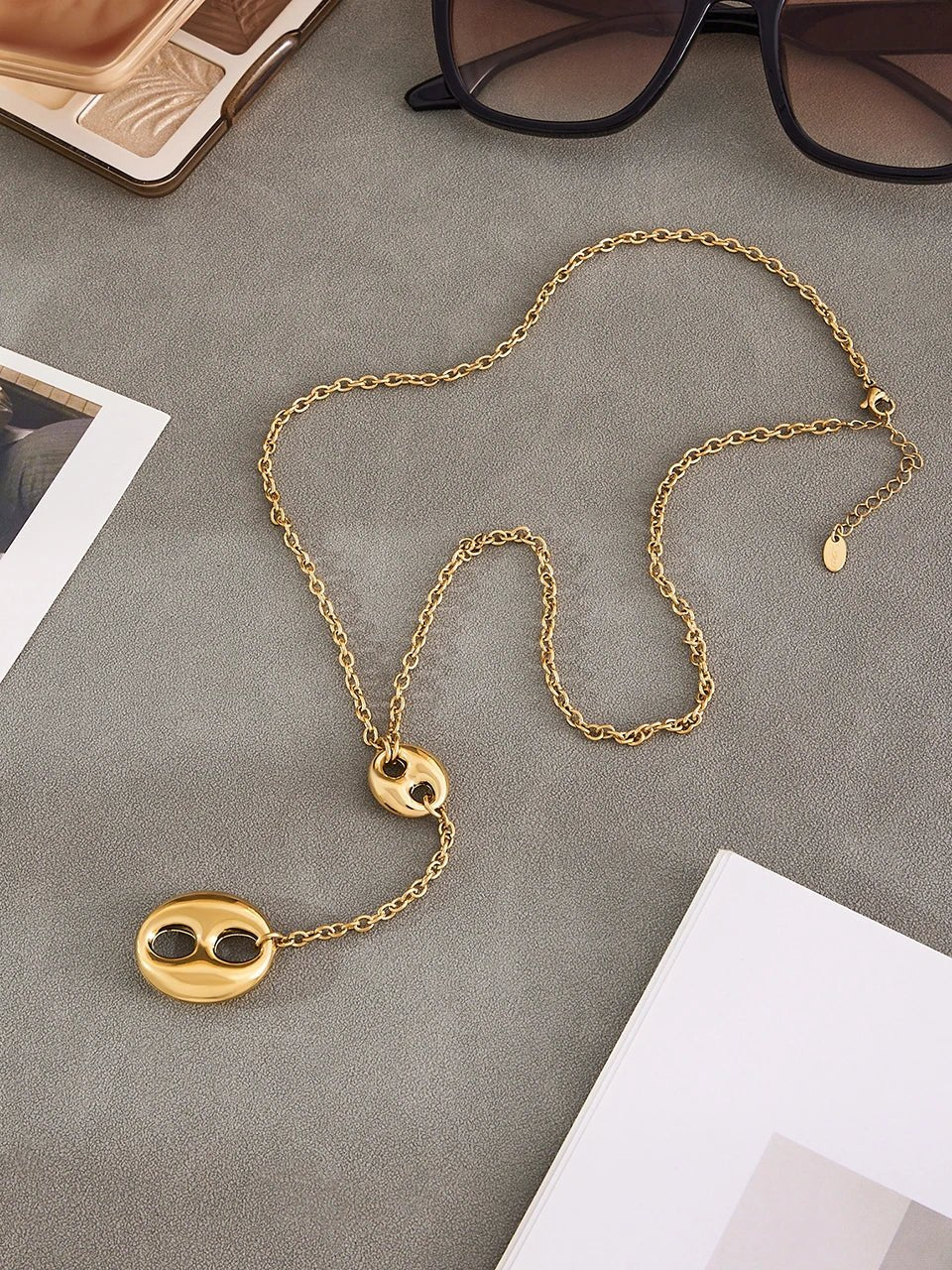 Chaine y graine de cafe 18K Plaqué Or Femme – Chaîne Lariat Pendentif - Bijou Graine de Café - Colliergrainedecafe.fr