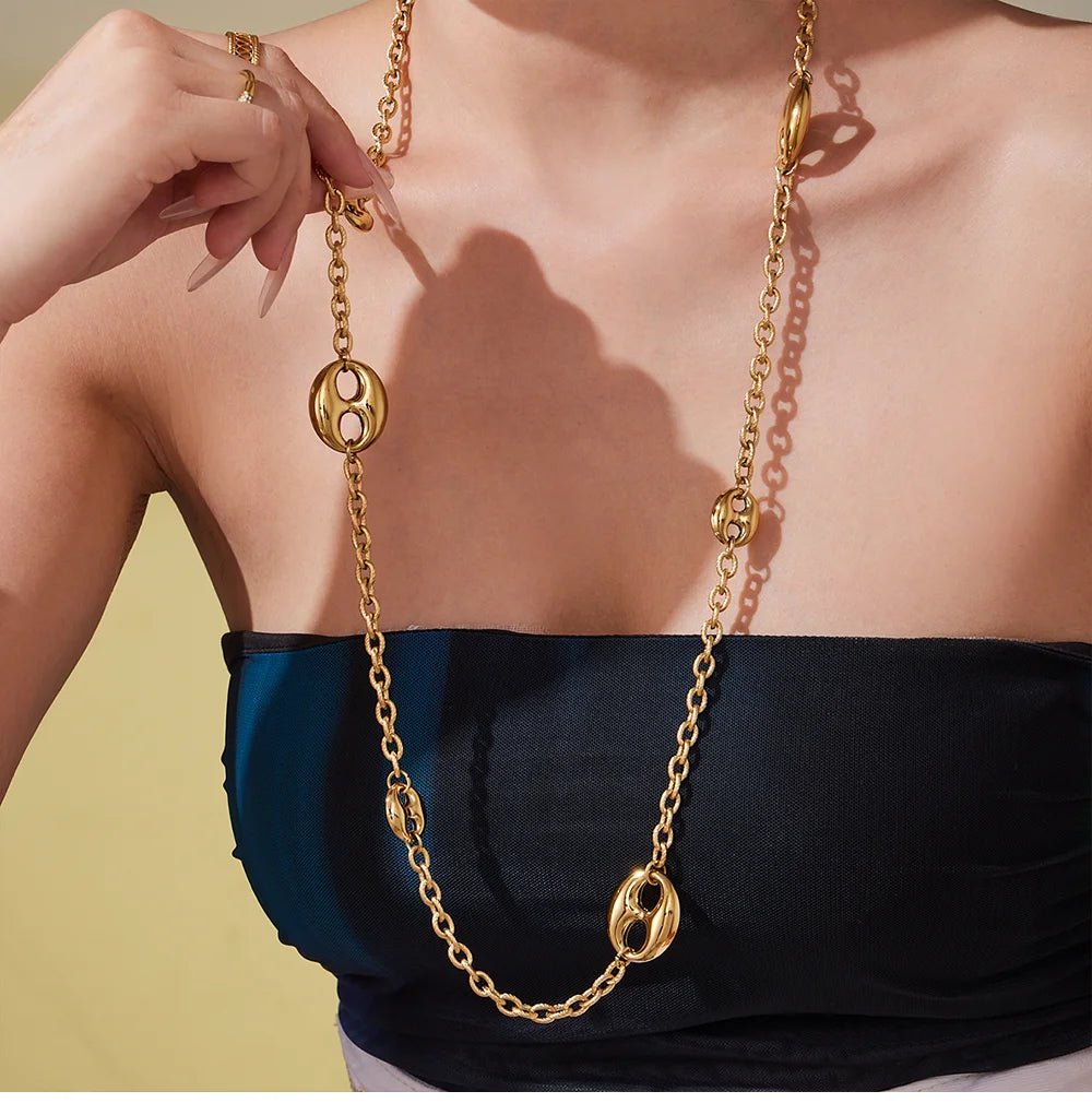 Collier Chaîne Épaisse 95cm Acier Inoxydable Plaqué Or Femme – Pendentif Ovale Hip - Hop - Bijou Graine de Café - Colliergrainedecafe.fr