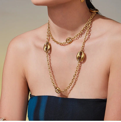 Collier Chaîne Épaisse 95cm Acier Inoxydable Plaqué Or Femme – Pendentif Ovale Hip - Hop - Bijou Graine de Café - Colliergrainedecafe.fr