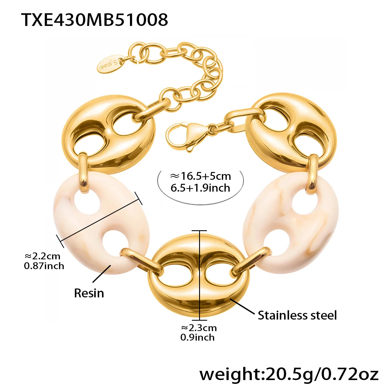 Collier Résine Femme – Bracelet Résine & Boucles d'Oreilles Résine | Parure 3 Pièces gold tone stainless steel and beige resin bracelet close-up