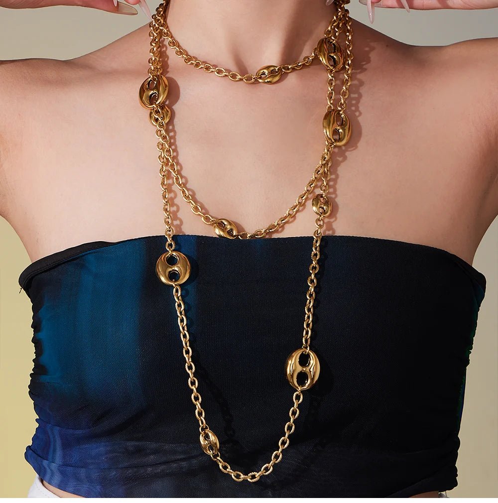 Collier Chaîne Épaisse 95cm Acier Inoxydable Plaqué Or Femme – Pendentif Ovale Hip - Hop - Bijou Graine de Café - Colliergrainedecafe.fr