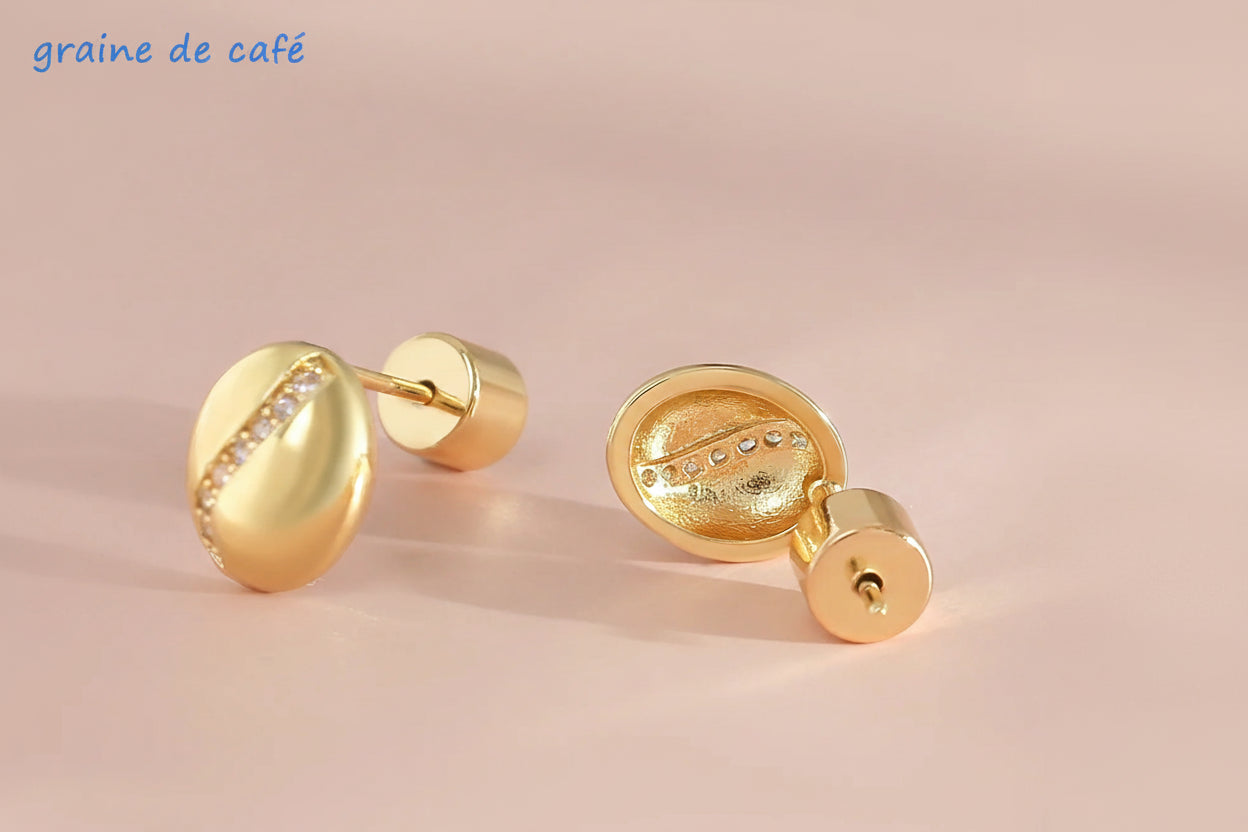 Boucles d'oreilles Grain de Café – Clous Plaqués Or 22K Femme - Bijou Graine de Café - Colliergrainedecafe.fr