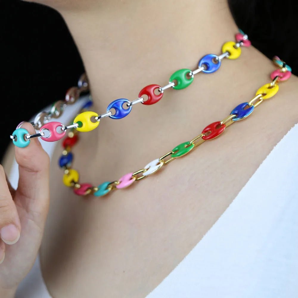 Collier Graine de Café Femme – Chaîne Perles Colorées Acier Doré - Bijou Graine de Café - Colliergrainedecafe.fr