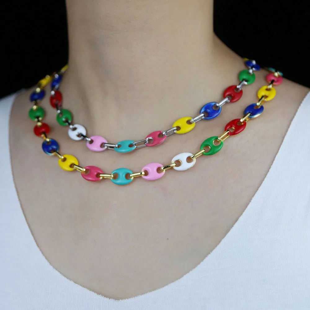 Collier Graine de Café Femme – Chaîne Perles Colorées Acier Doré - Bijou Graine de Café - Colliergrainedecafe.fr