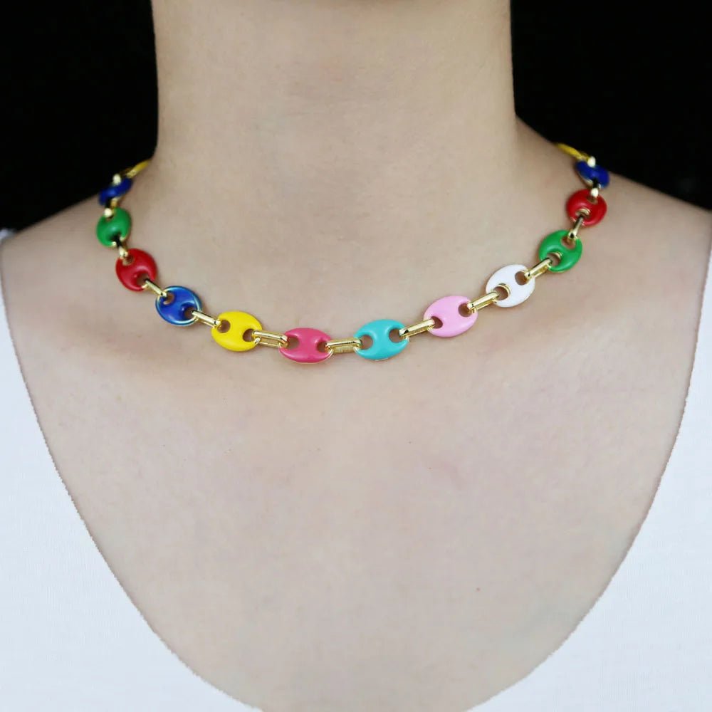 Collier Graine de Café Femme – Chaîne Perles Colorées Acier Doré - Bijou Graine de Café - Colliergrainedecafe.fr