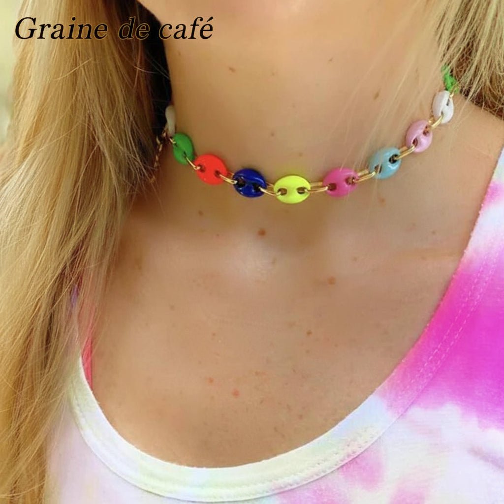 Collier Graine de Café Femme – Chaîne Perles Colorées Acier Doré - Bijou Graine de Café - Colliergrainedecafe.fr
