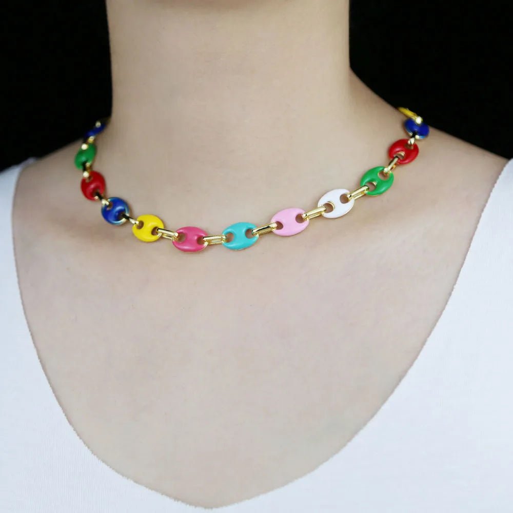 Collier Graine de Café Femme – Chaîne Perles Colorées Acier Doré - Bijou Graine de Café - Colliergrainedecafe.fr
